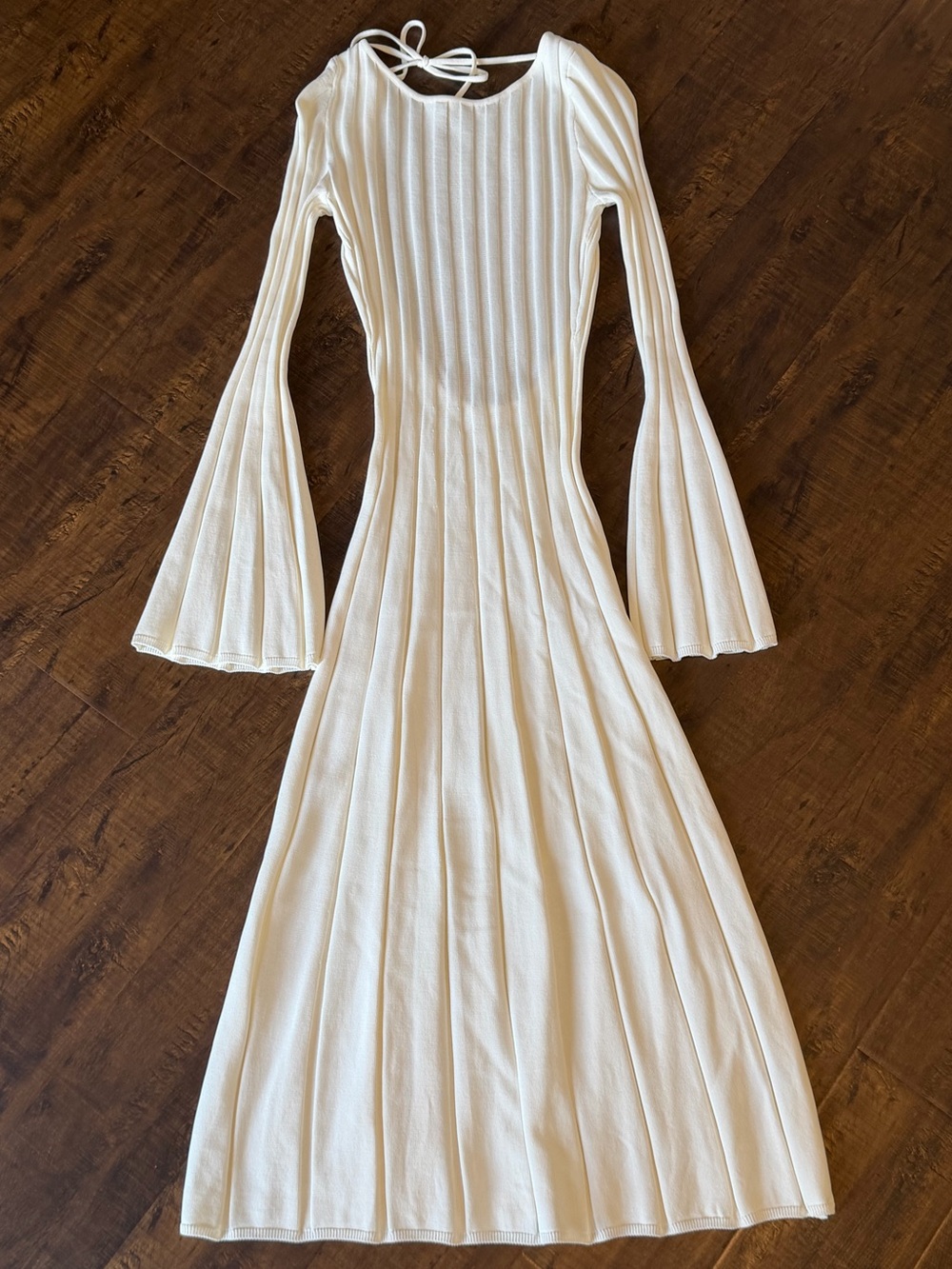 Meshki Cream Ribbed Maxi Dress with Flared Bell Sleeves